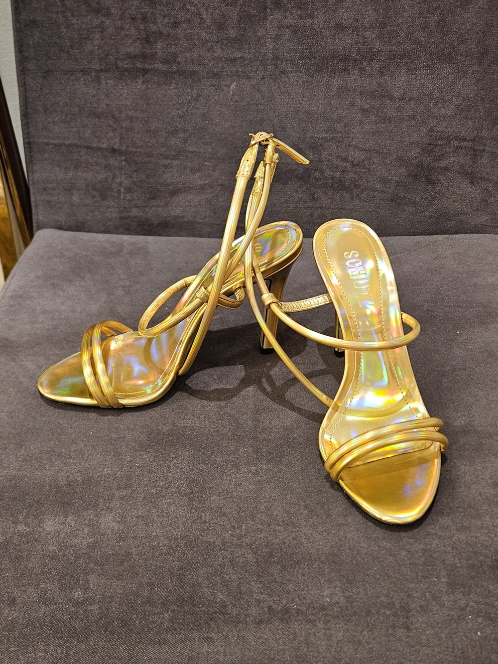 SCHUTZ Size 5, NEW, Strappy Metallic Gold High Heel Sandals